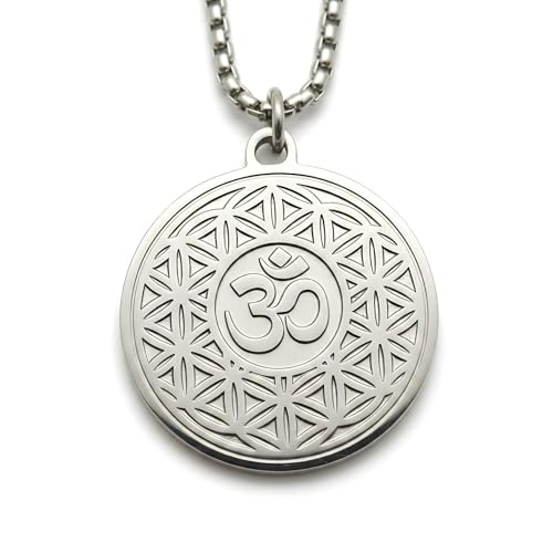 1" Stainless Steel Necklace Charms | Third Eye Vision | Peace Symbol | Finding Your Self | Yin & Yang | Moon Cat | Turtle Power | Flower of Life | | OM | Mystical Spiritual Protection, for Men & Women - style: OM Flowering Silver