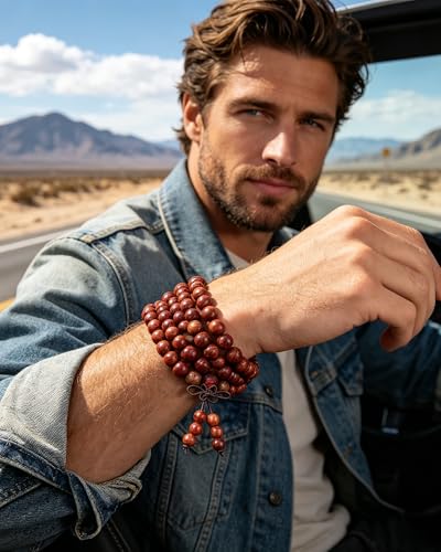 Mala Beads, 108 Natural Wood Bracelet, Handmade Wood Beads Yoga Meditation Prayer Beaded Jewelry for Men Women - color: Padauk Wood Beads