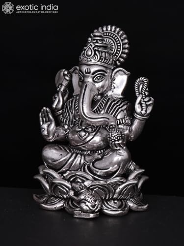 Exotic India Small Superfine Blessing Lord Ganesha Brass Statue | Silver Plated Ganpati Idol Figurine Gift for Home Décor, Office, Table Decorative
