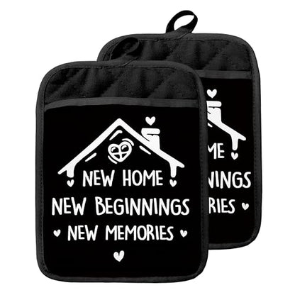 Housewarming Gifts Pot Holders with Pockets, New Homeowner Gifts, New Home Beginnings Memories Oven Pot Holders Heat Resistant Oven Mitts Hot Pads for Kitchen Baking Cooking - color: Black Sweet Home-c