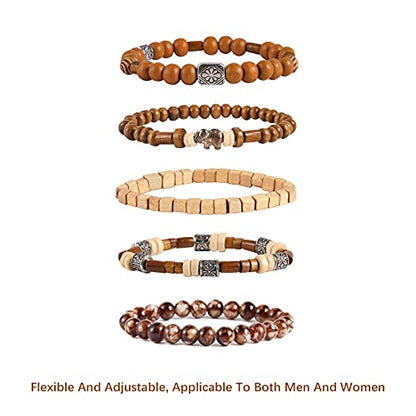 HZMAN Handmade Hemp Cords Wood Beads Leather Bracelets for Men Women - style: Elephant