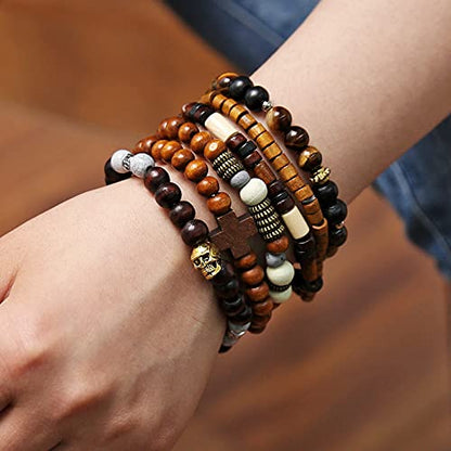 HZMAN Handmade Hemp Cords Wood Beads Leather Bracelets for Men Women - style: Skull & Wooden Cross