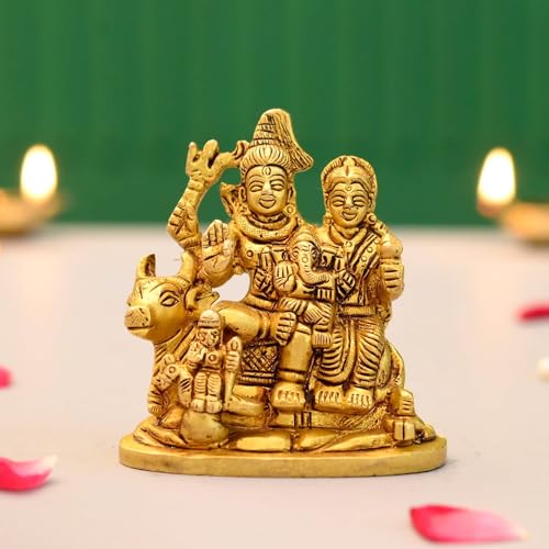 LOVENSPIRE Brass Shiv Parivar Idol Statue Hindu God Shiva Parvati Ganesha Kartikeya Nandi Family Murti Sculpture - Pooja Home Temple Mandir Decor - Decorative Showpiece Housewarming Gift (3.7 Inches)