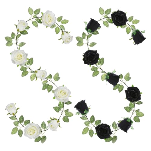 GREENTIME 2Pack 6.5FT Black White Artificial Flower Garland Fake Rose Vines - color: Black White