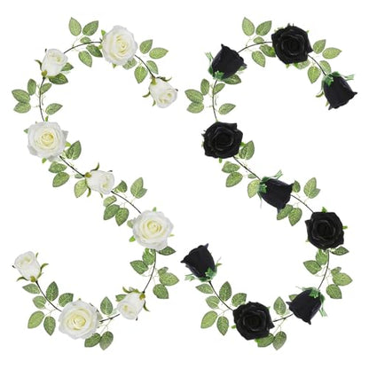 GREENTIME 2Pack 6.5FT Black White Artificial Flower Garland Fake Rose Vines - color: Black White