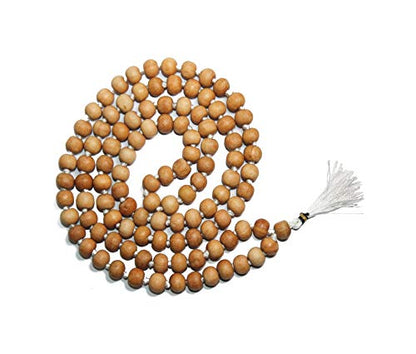 8MM Tulsi mala Beads Necklace Holy Basil 108 + 1 Beads Ram Japa Prayer Mala Energized 108 Hindu Tibetan Buddhist Rosary for Chanting Mantra - color: White Tessel