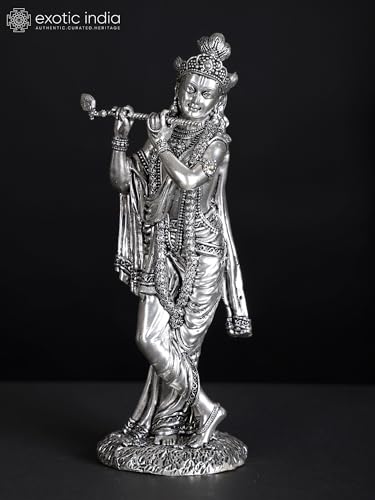 Exotic India Superfine Silver-Plated Lord Krishna Brass Statue | Kanha Ji Playing Flute Idol for Pooja Home Temple Murti Gifts - size: 6 Inch