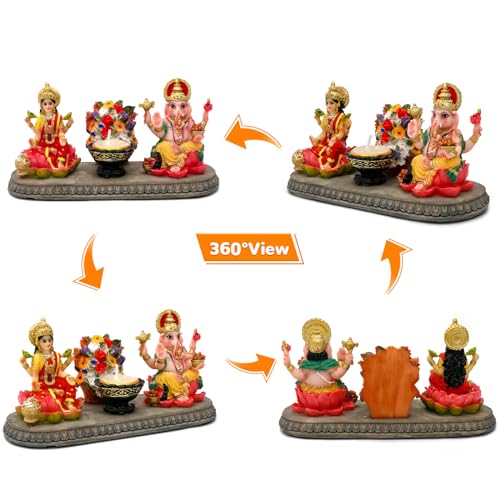 BangBangDa Lakshmi Ganesha Statue with Diya - 4.1" H Polystone Hindu Goddess Laxmi and Ganesa Idol for Diwali/New Year/Birthday/Wedding Gift for Indian Home Temple Mandir Altar Puja Murti Item