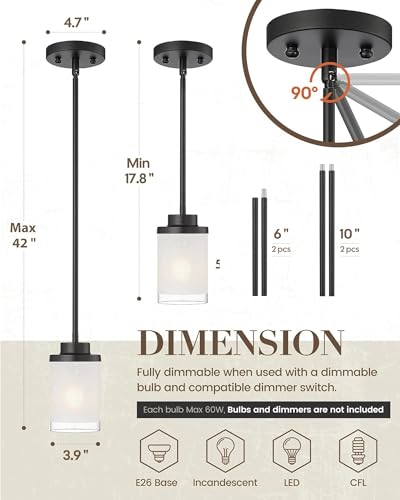 TENGXIN Matte Black Pendant Lights Kitchen Island, Frosted Glass Shade - color: Matte Black, Linen Frosted Glass, size: 4"