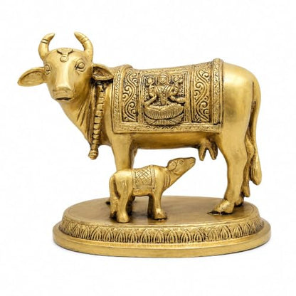 100% Pure Brass Kamdhenu Cow and Calf Idol, Gau MATA Murti, Vastu Brass Cow Statue for Home Temple, Pooja Room, Mandir Decor, Spiritual Religious Gift