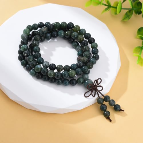 108 Mala Beads Stretch Bracelet 6mm Natural Gemstone Prayer Beaded Necklace - color: Moss Agate