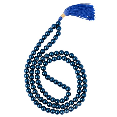 Amazing Gemstone Japa Mala 108 Prayer Beads Necklace and Wrist Mala Bracelet for Meditation - color: Blue Peacock Hematite, size: Without Knots