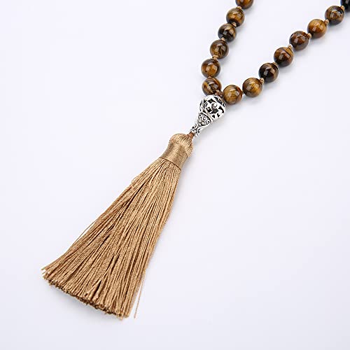 108 Mala Prayer Beads Necklace Natural Stones Meditation Yoga Jewery 108 Hand Knotted Japa Mala Beaded Long Tassel Necklace with Tree of Life Pendant for Men and Women - color: 8mm Tiger Eye