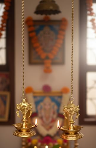 StonKraft - Pair of Brass Hanging Diya, Oil Lamp, Lamp for Home and Office (Hanging Length 25.75")