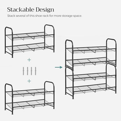 SONGMICS 2-Tier Stackable Metal Shoe Rack, Holds Up to 8 Pairs of Shoes - color: Black, size: 2 Tiers (27"W)