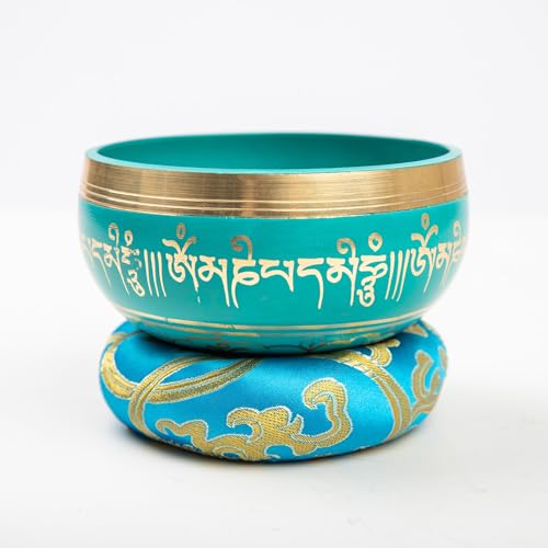 Tibetan Singing Bowl Set - 4" Easy To Play Authentic Handmade For Meditation Sound 7 Chakra Healing By HIMALAYAN BAZAAR (Turquoise Blue, 4") - color: Turquoise