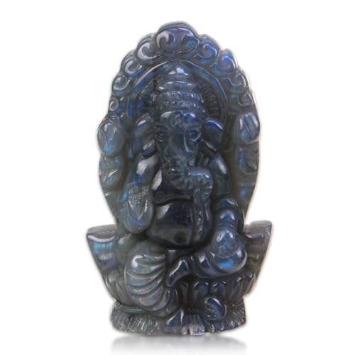 ZORZA 1Pcs Natural Labradorite Crystal Ganesha Statue Divine Hindu Ganesha Statue as Conscious Items for Meditation, Altar Kit Decoration for Yoga Room,Small Ganesh for Car Dashboard