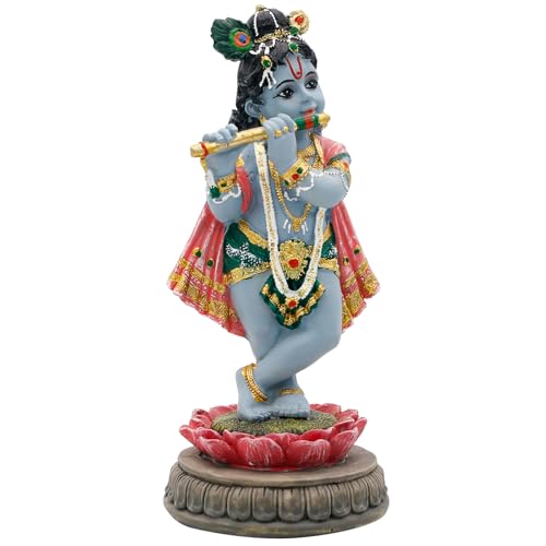 alikiki Hindu Krishna Idol Statue - 5.7”H Indian God Lord Krishna on Lotus Playing Flute India Murti Item Home Office Temple Mandir Shrine Altar Pooja Decor Diwali Puja Gifts for Indian Friends