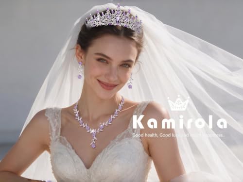 Kamirola Tiaras and Crowns for Women,Tiaras Earrings Necklace, Crystal Bridal Jewelry Set (TR48) - color: Silver Purple