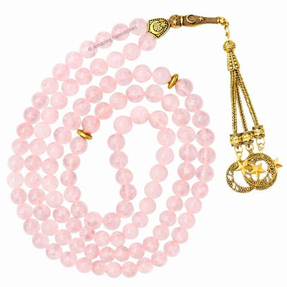 Amazing Gemstone Crystal Tasbeeh with Moon and Star Charm - Certified Crystal Muslim Prayer Beads Natural Gemstone Tasbih Gift for Ramadan Dhikr and Daily Namaz (G) - color: Rose Quartz