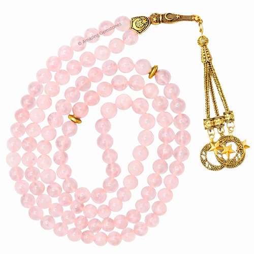 Amazing Gemstone Crystal Tasbeeh with Moon and Star Charm - Certified Crystal Muslim Prayer Beads Natural Gemstone Tasbih Gift for Ramadan Dhikr and Daily Namaz (G) - color: Rose Quartz