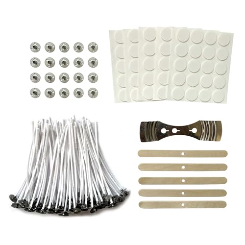 100Pcs Candle Wicks 4 Inch,100pcs Candle Wick Stickers,Candle Wick Centering Device,20 Pcs Metal Sustainer Tabs,5pcs Candle Wick Holder Materiales para Hacer Velas - size: 4 inches