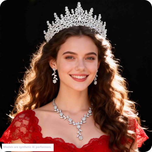 Kamirola Tiaras and Crowns for Women,Tiaras Earrings Necklace, Crystal Bridal Jewelry Set (TR48) - color: Silver