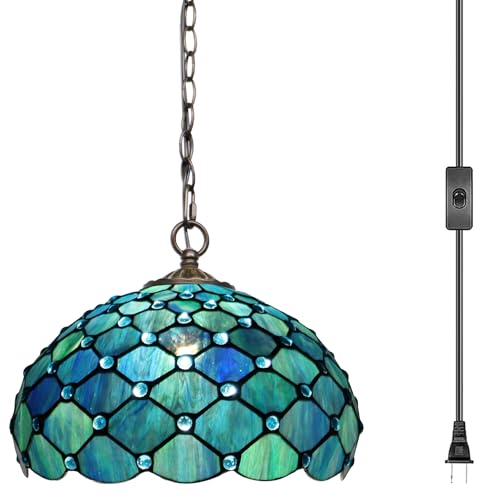 Tiffany Pendant Light Plug in 12 inches Stained Glass Hanging Lamp - color: Sea Blue Pearl Style