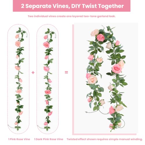 GREENTIME 2Pack 6.5FT Mixed Pink Artificial Rose Garland Fake Rose Vines - color: Peach Deep Pink