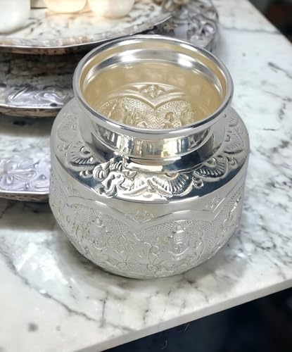 Traditional Indian Kalash (Chambu) – 5 Inch German Silver Ashtalakshmi Pooja Pot for Hindu Prayer, Home Temple & Festive Rituals K2559