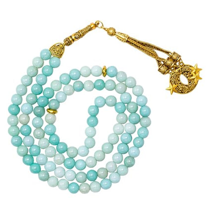 Amazing Gemstone Crystal Tasbeeh with Moon and Star Charm - Certified Crystal Muslim Prayer Beads Natural Gemstone Tasbih Gift for Ramadan Dhikr and Daily Namaz (G) - color: Amazonite