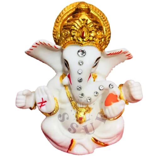 3" White Lord Ganesh/Ganesha Ganpati Bappa Idol Religious Figurine Murti Statue Puja Collections Diwali Decor Meditation Room Mandir Temple Pooja for Car/Vehicle Dashboard Gifts