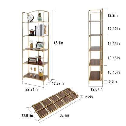 Crofy 5-Tier Foldable Bookshelf, Gold Frame & Walnut Shelves - color: Gold Frame & Walnut Shelf, size: 5 Tier