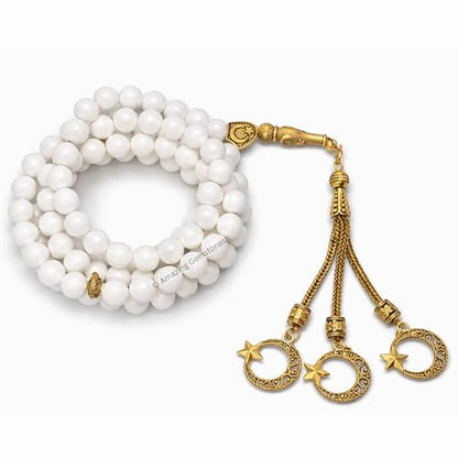 Amazing Gemstone Crystal Tasbeeh with Moon and Star Charm - Certified Crystal Muslim Prayer Beads Natural Gemstone Tasbih Gift for Ramadan Dhikr and Daily Namaz (G) - color: Mother of Pearl