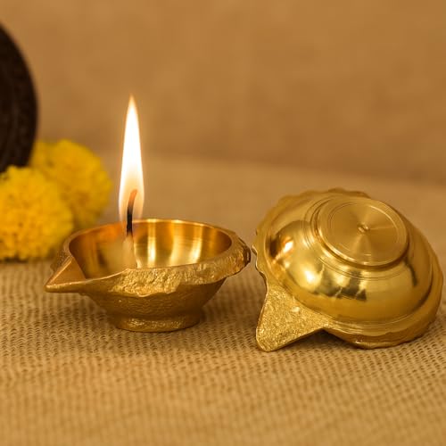 athizay Brass Diyas Pack of 2 for Pooja Virgin Brass Indian Diya Set Oil lamp Sets for Gifting Home Decor Vilakku (Kuber Diya Set 2)