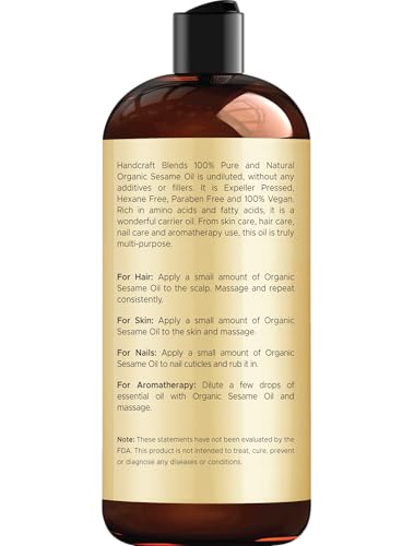 Handcraft Blends Organic Sesame Oil - 16 Fl Oz - 100% Pure and Natural - Premium Grade Carrier Oil for Skin and Hair - Hair and Body - Massage - Expeller-Pressed and Hexane-Free - size: 16 Fl Oz (Pack of 1)