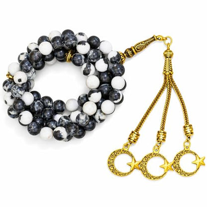 Amazing Gemstone Crystal Tasbeeh with Moon and Star Charm - Certified Crystal Muslim Prayer Beads Natural Gemstone Tasbih Gift for Ramadan Dhikr and Daily Namaz (G) - color: Black and White Jasper