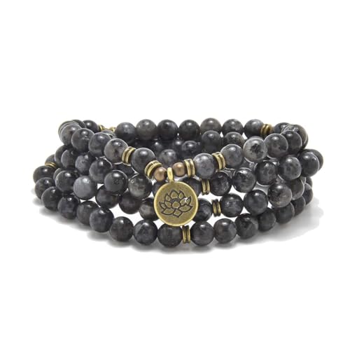 108 Natural Stone Mala Beads Yoga Bracelet with Lotus Charm - style: Labradorite