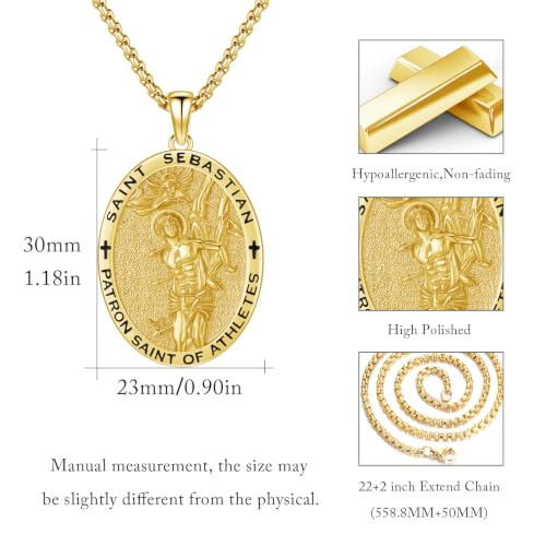 Silver/14K Gold Patron Saint Medal Amulet Necklace for Men Women - color: Gold, style: 21A-St Sebastian Football