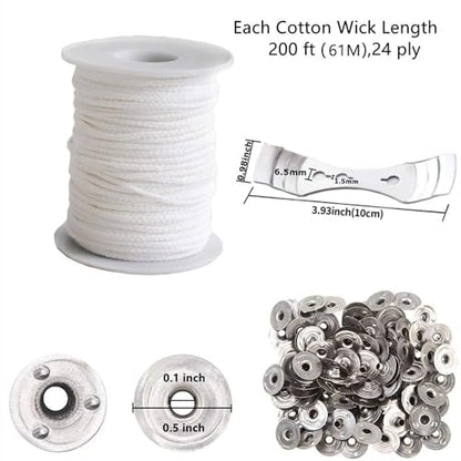 400 ft Cotton Candle Wick,24 PLY Braided Cotton Candle Making Wicks Spool + 200 Pieces Metal Sustainer Tabs + 1 Piece Centering Device Holder Set for DIY Crafts
