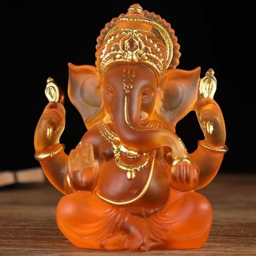 Indian God Lord Ganesha Statue,Orange Lmitation Glass Hindu Elephant Statue Ganpati Idol Buddha Sculptures,Hindu Gift,Home Temple Mandir Meditation Yoga Room Decor 5.5" - color: Orange, size: 5.5"