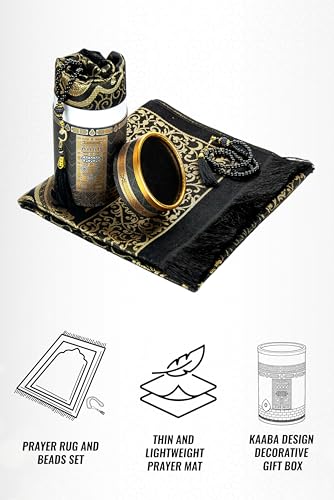 ihvan online Muslim Prayer Rug and Prayer Beads with Elegant Design Cylinder Gift Box, Janamaz, Soft Sajadah, Islamic Gifts Set, Portable Prayers Carpet Mat, Taffeta Fabric, Black - color: Black