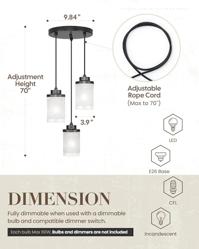 TENGXIN 3-Light Matte Black Pendant Lights Kitchen Island, Frosted Glass - color: Matte Black, Linen Frosted Glass, size: 4", 3-Light
