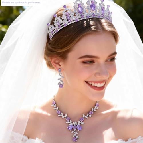 Kamirola Tiaras and Crowns for Women,Tiaras Earrings Necklace, Crystal Bridal Jewelry Set, Costume Party Halloween Prom Pageant Jewelry for Women(TR45) - color: Silver Purple