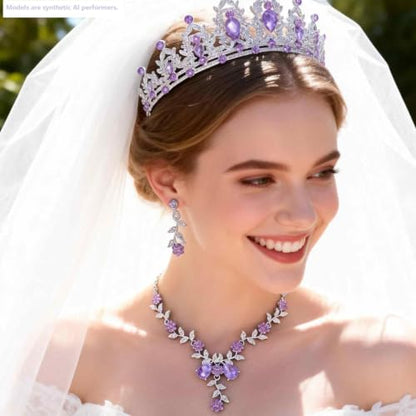 Kamirola Tiaras and Crowns for Women,Tiaras Earrings Necklace, Crystal Bridal Jewelry Set, Costume Party Halloween Prom Pageant Jewelry for Women(TR45) - color: Silver Purple