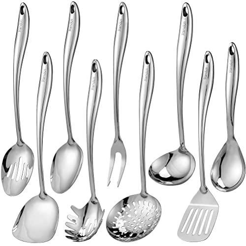 304 Stainless Steel Kitchen Utensil Set - 9 PCS Serving Utensils, Cooking Utensil, Solid Spoon, Slotted Spoon, Fork, Spatula, Ladle, Skimmer Spoon, Slotted Spatula Tunner, Spaghetti Spoon, Large Spoon - color: Sliver