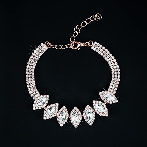 CIEHER 4/5 Pieces Women Jewelry Set - Rhinestone Crown + Drop Necklace + Elegant Bangle Bracelet + Crystal Teardrop Dangle Earrings for Bridal Wedding Party - color: Rose Gold