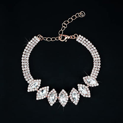 CIEHER 4/5 Pieces Women Jewelry Set - Rhinestone Crown + Drop Necklace + Elegant Bangle Bracelet + Crystal Teardrop Dangle Earrings for Bridal Wedding Party - color: Rose Gold