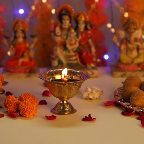 Brass Lotus Akand Diya – Traditional Indian Golden Oil Lamp for Diwali Pooja & Home Temple Decoration, Handmade Engraved Virgin Brass Metal for Thanksgiving & Festivals – (Pack of 1) - size: Large (Pack of 1)