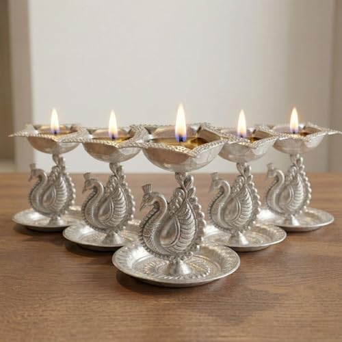 LoveNspire Silver Plated Peacock Diya - Oil Lamp for Home Pooja Mandir, Traditional Indian Decor for Diwali, Return Gift Pack of 5 - size: Pack of 5